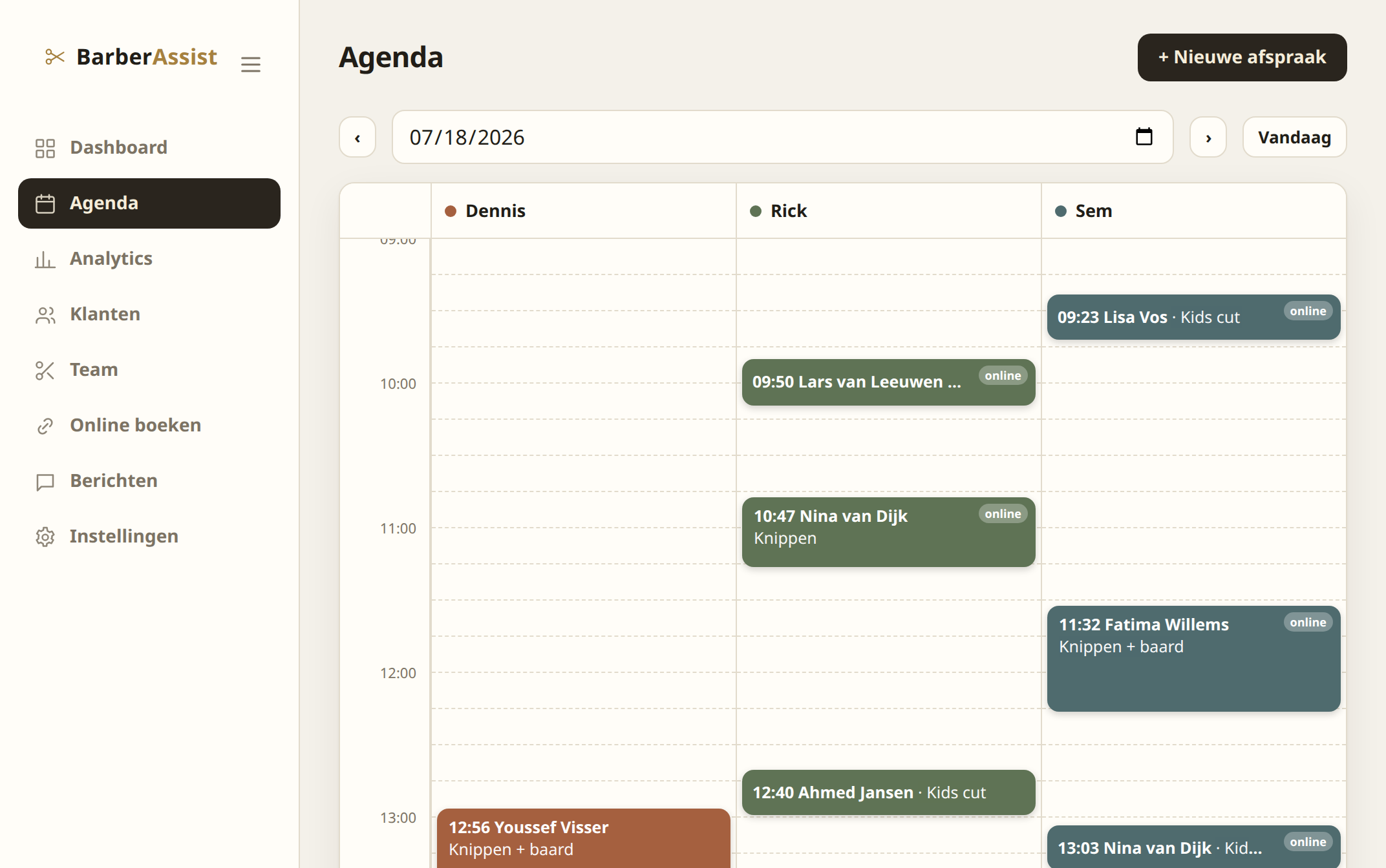 De agenda van BarberAssist met een kolom per barbier